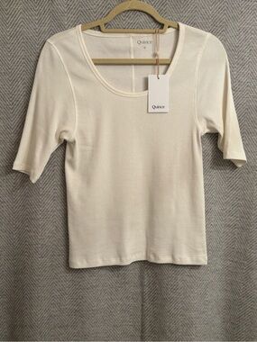 Quince Organic White Ribbed Scoop Neck Elbow Sleeve Tee